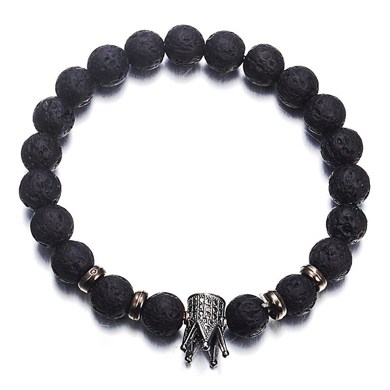 Lava Stone Beads Bracelet with Crystal Crown for Men and Women