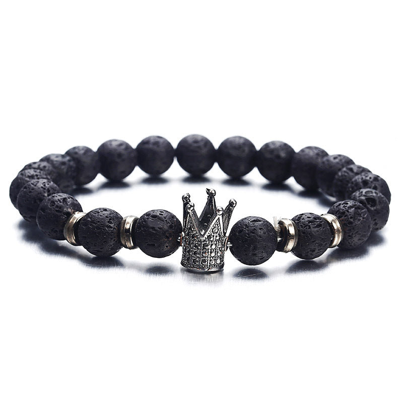 Lava Stone Beads Bracelet with Crystal Crown for Men and Women