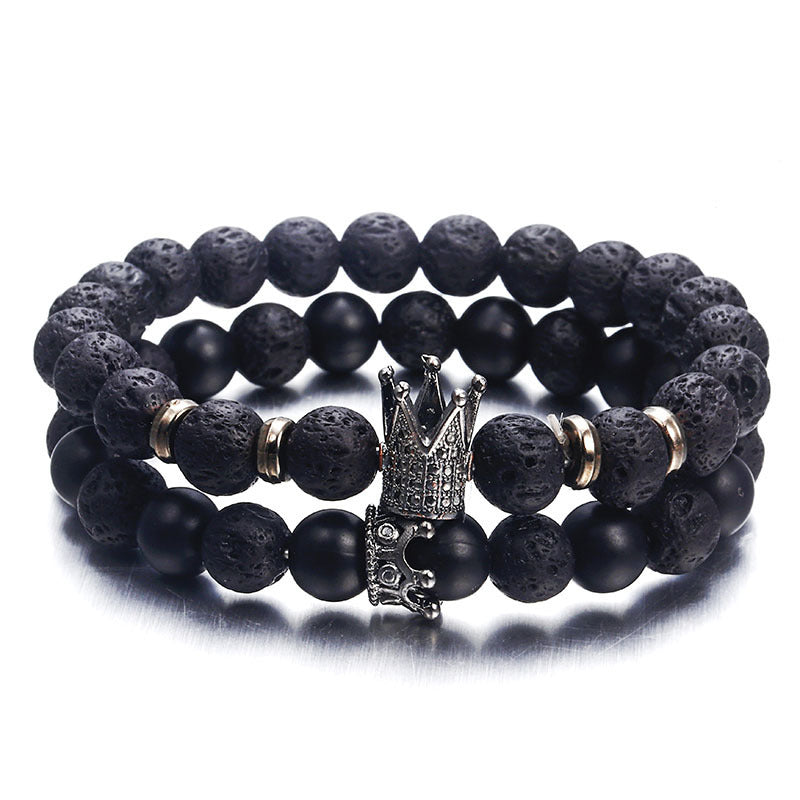 Lava Stone Beads Bracelet with Crystal Crown for Men and Women